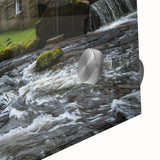 Close-up of a vibrant abstract landscape wall art piece showcasing flowing watermill designs, crafted with acrylic glass for a modern decorative touch.