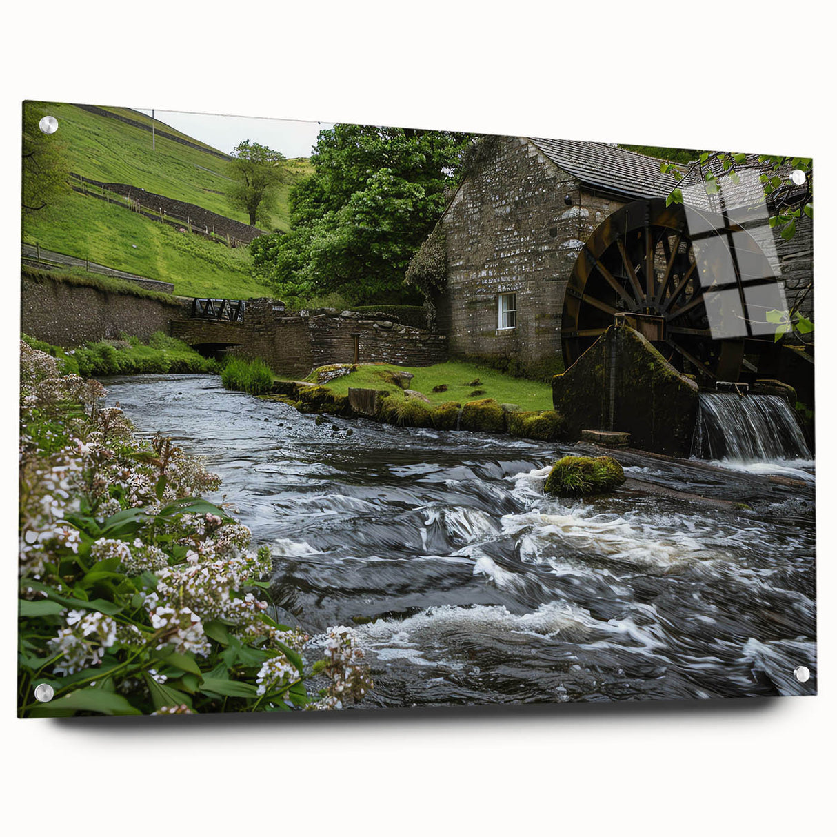 Acrylic wall art piece showcasing a serene watermill landscape design, elegantly framed with pins, reflecting natural colors and textures, ideal for home decor.