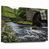 Acrylic glass wall art collection showcasing a serene landscape with watermills, emphasizing vibrant colors and intricate details, ideal for home decor.