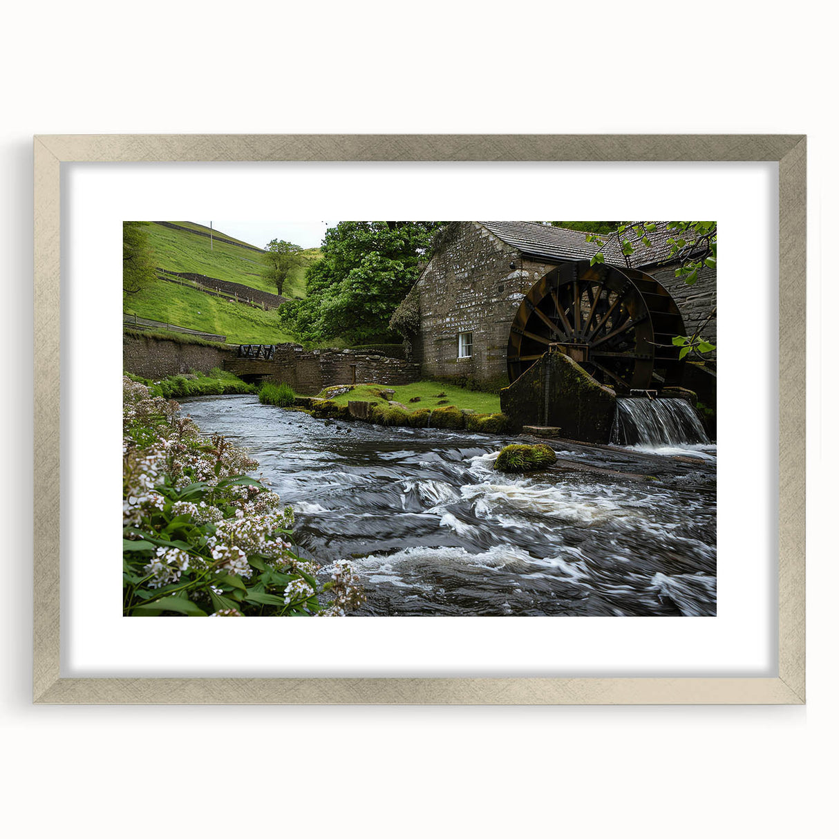 Framed wall art featuring a serene landscape of watermills, set in a silver frame with a mat, showcasing a peaceful nature scene ideal for home decor.