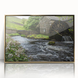 Framed wall art featuring a scenic landscape with a watermill, showcasing vibrant colors and intricate details, perfect for home decor enhancement.