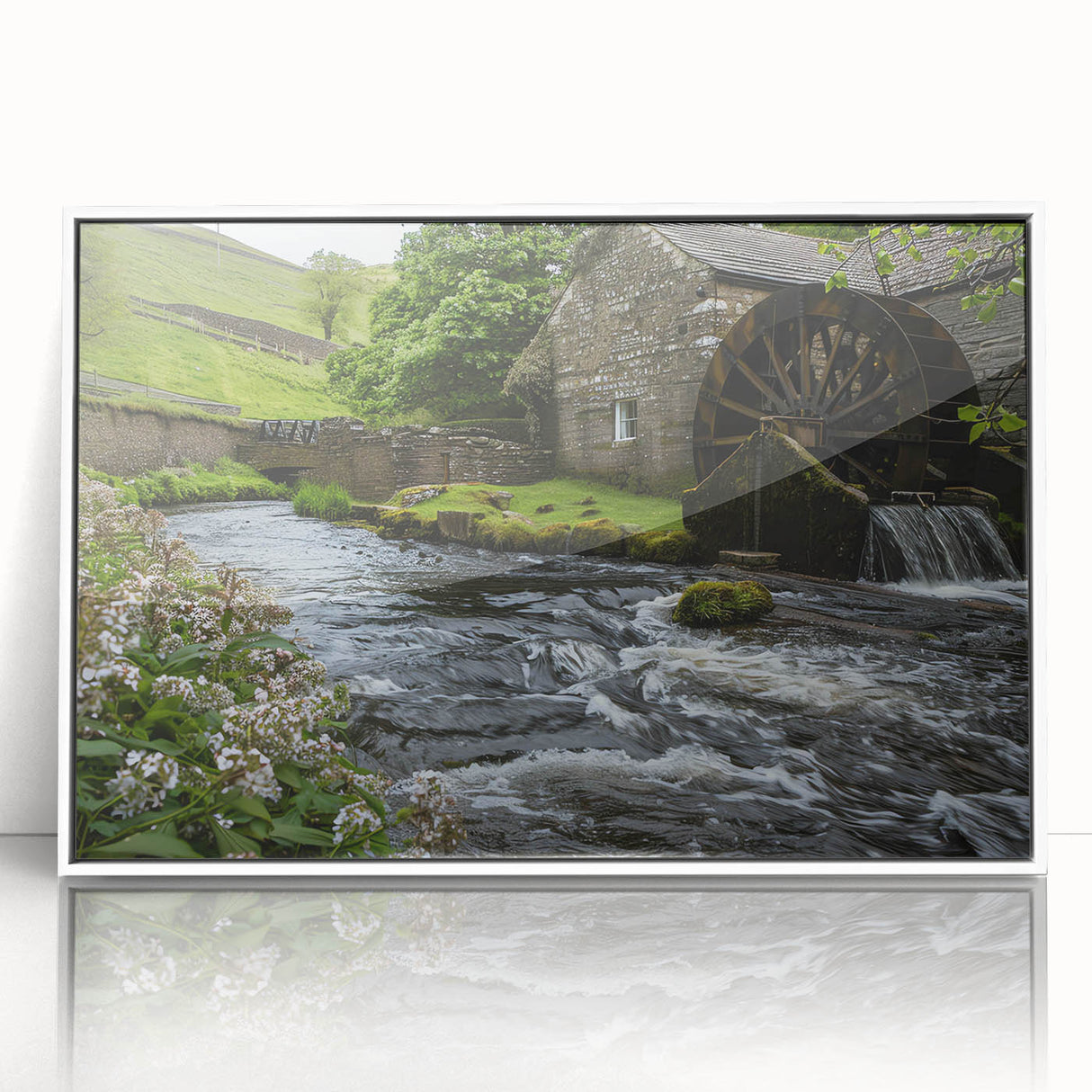 Framed wall art from the Watermills Design 9 collection, showcasing a serene landscape scene in soft colors, featuring a white frame that enhances its elegance.