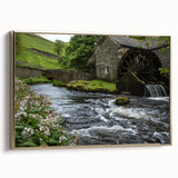 Framed canvas wall art showcasing a scenic watermill landscape design with a gold frame, enhancing any home decor with its elegant and tranquil aesthetic. Ideal for nature lovers and art enthusiasts.