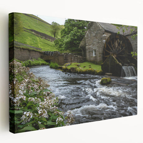 Stretched canvas wall art showcasing a serene watermill landscape, featuring vibrant colors and intricate details, perfect for enhancing home decor aesthetics.