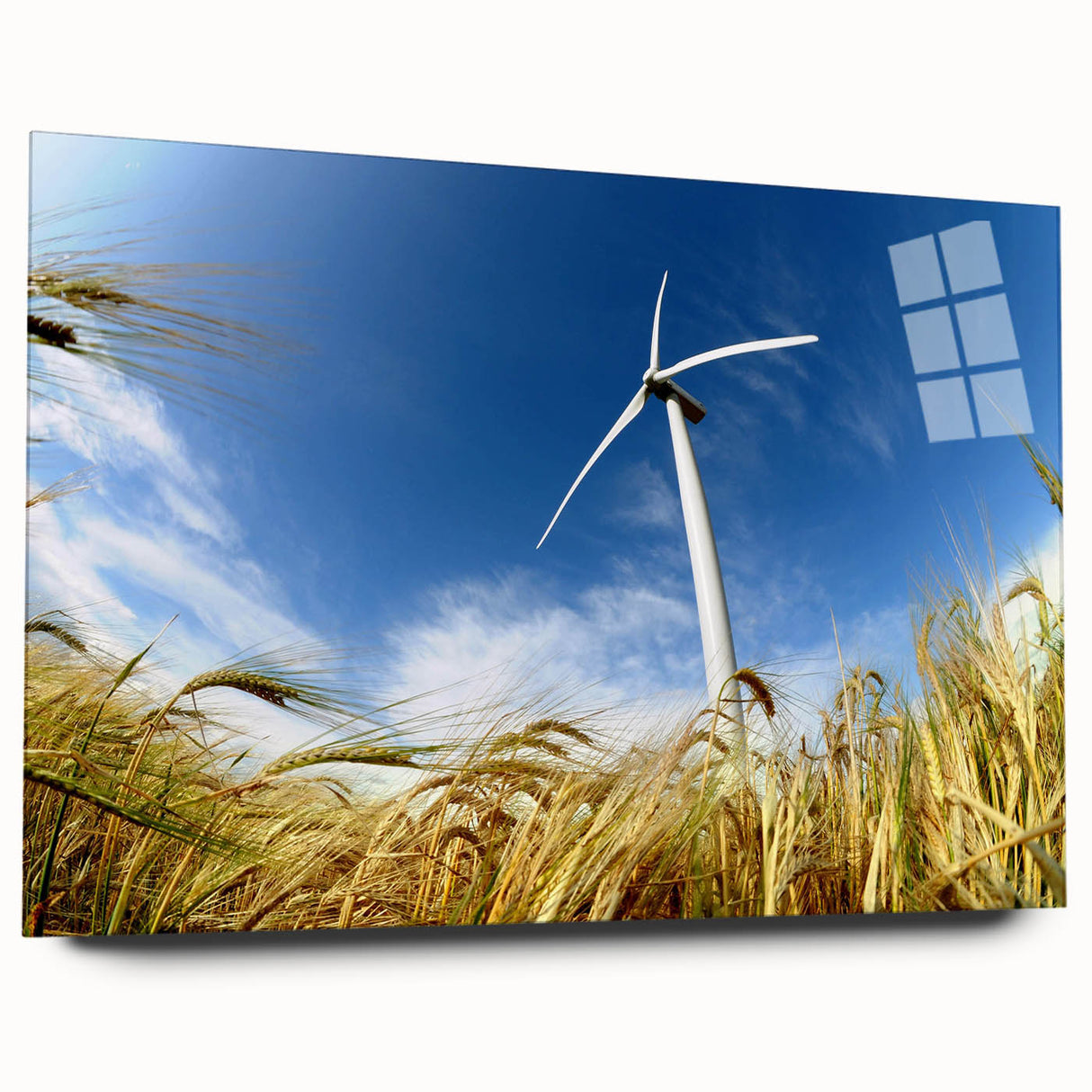 Acrylic wall art design featuring a serene landscape with windmills, showcasing vibrant colors and intricate details. Ideal for modern home decor and art lovers.