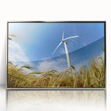 Framed wall art featuring a landscape with windmills, designed with a sleek silver acrylic front, ideal for modern home decor and enhancing interior aesthetics.