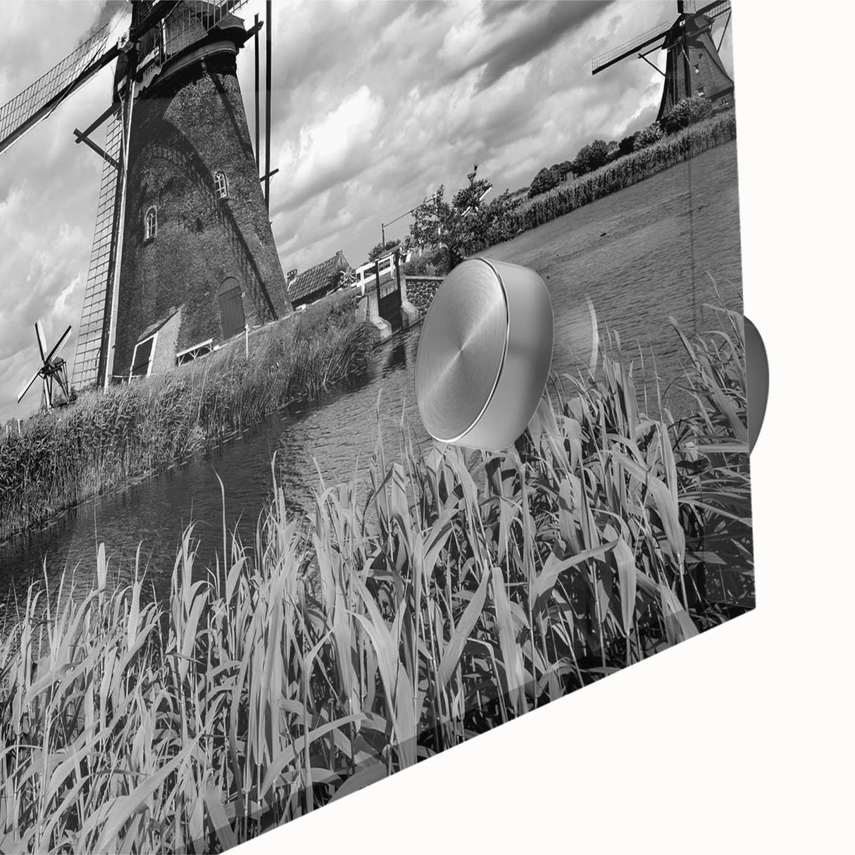 Close-up of a vibrant landscape wall art collection featuring striking windmill designs on acrylic glass, showcasing intricate details and vivid colors. Perfect for modern home decor.