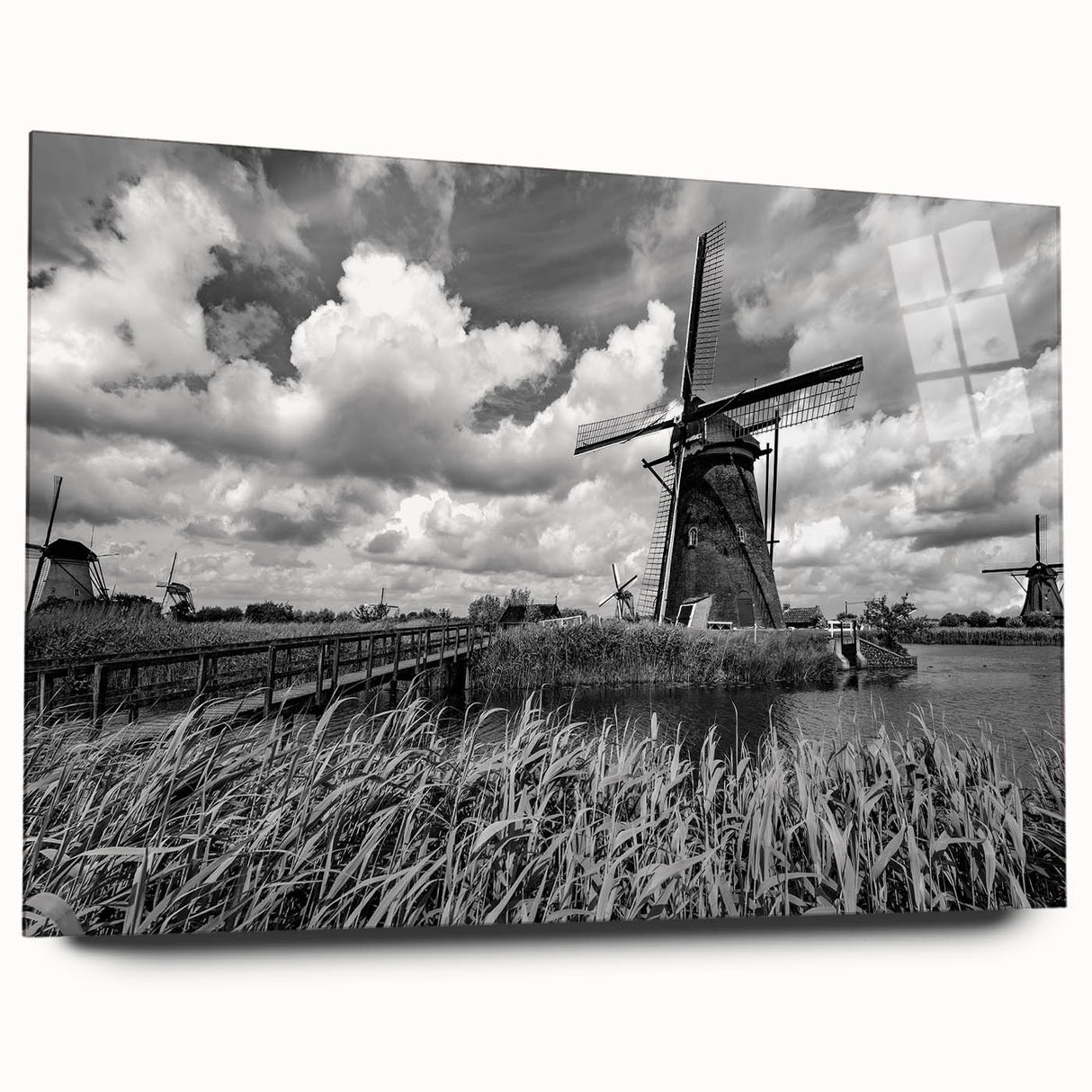 Acrylic wall art collection showcasing a stunning landscape with windmills, featuring vibrant colors and intricate details, perfect for home decor enhancement.