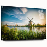 Acrylic wall art collection showcasing a vibrant landscape with windmills, displayed from a side view with pin attachments, perfect for home decor enhancement.