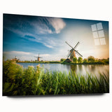 Acrylic glass wall art showcasing a captivating landscape with windmills, presented in a side view, ideal for home decor and modern interiors.
