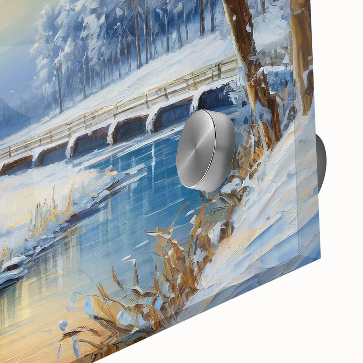 Close-up of a vibrant acrylic wall art piece showcasing a serene landscape with windmills, featuring rich colors and intricate details, perfect for home decor.