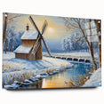 Colorful wall art collection showcasing landscapes and windmills, featuring an acrylic glass side view and decorative pins for display. Ideal for home decor enthusiasts.