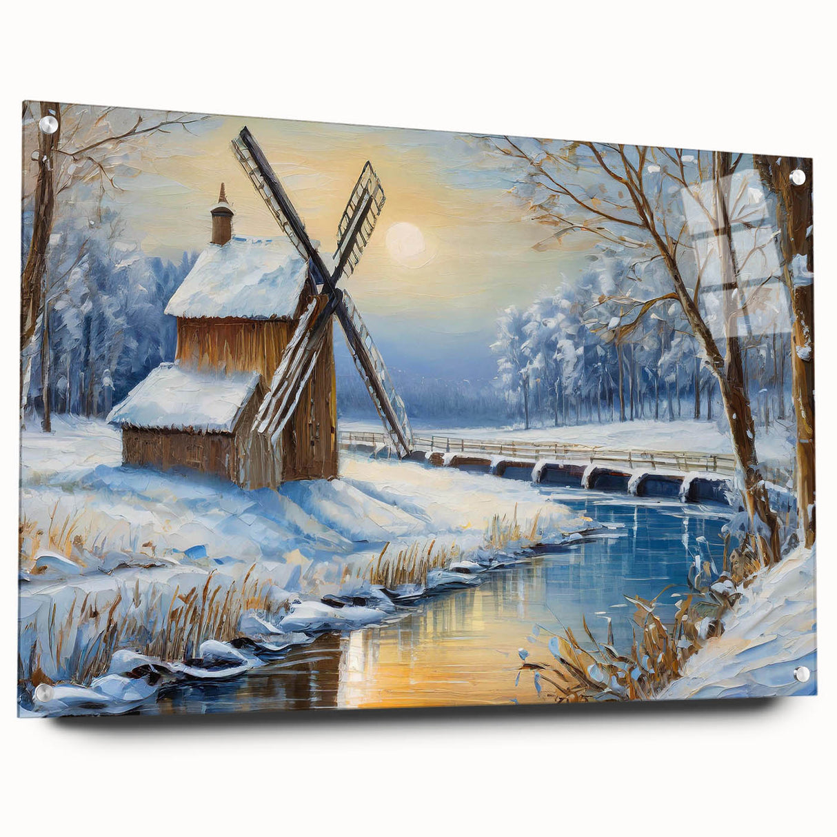 Colorful wall art collection showcasing landscapes and windmills, featuring an acrylic glass side view and decorative pins for display. Ideal for home decor enthusiasts.