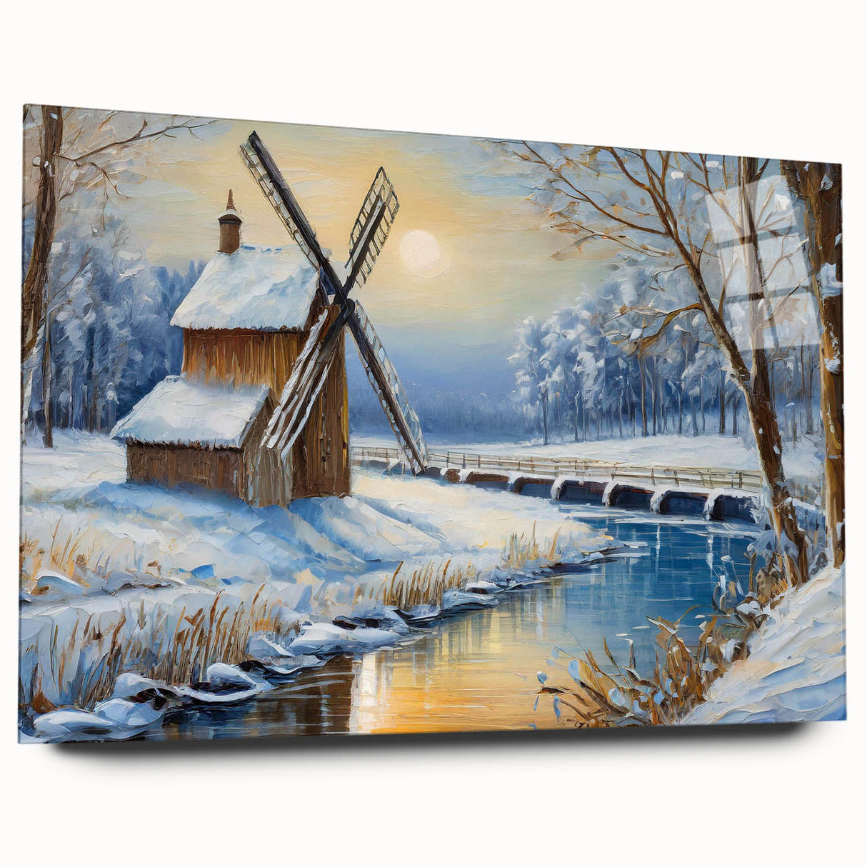 Colorful wall art collection showcasing a side view of acrylic glass landscapes with windmills, ideal for modern home decor. Perfect for adding a vibrant touch to any space.