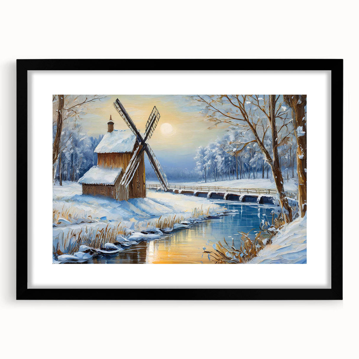 Framed wall art showcasing a scenic landscape with windmills, featuring a sleek black frame and mat, perfect for home decor and aesthetic enhancement.
