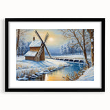 Framed wall art showcasing a scenic landscape with windmills, featuring a sleek black frame and mat, perfect for home decor and aesthetic enhancement.