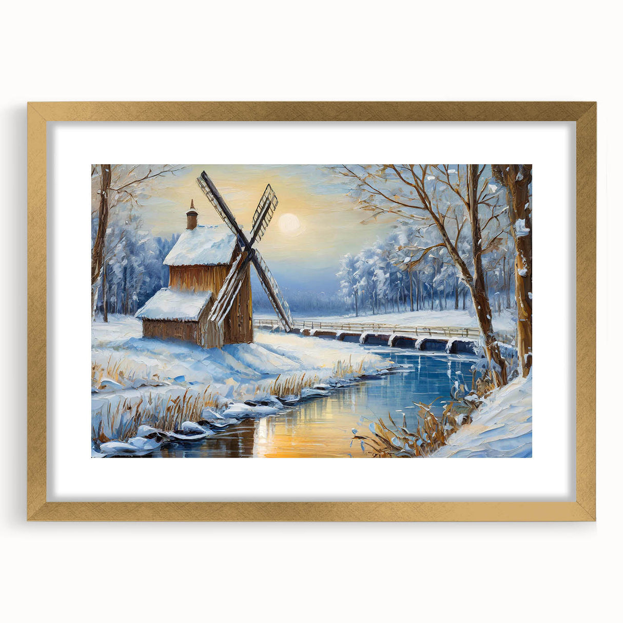 Framed wall art collection showcasing a serene landscape with windmills, featuring a gold mat and frame, perfect for enhancing modern home decor.