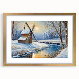 Framed wall art collection showcasing a serene landscape with windmills, featuring a gold mat and frame, perfect for enhancing modern home decor.