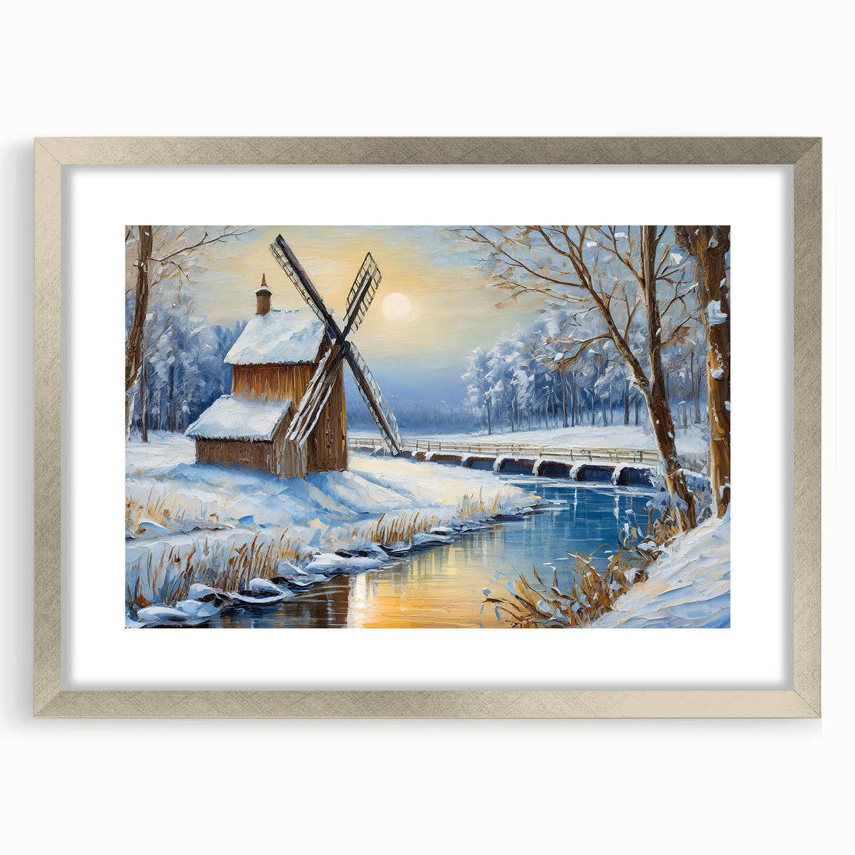 Framed wall art collection featuring serene landscape design with windmills, showcased in a sleek silver frame with a white mat, ideal for home decor.