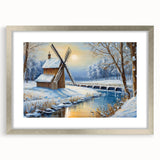 Framed wall art collection featuring serene landscape design with windmills, showcased in a sleek silver frame with a white mat, ideal for home decor.