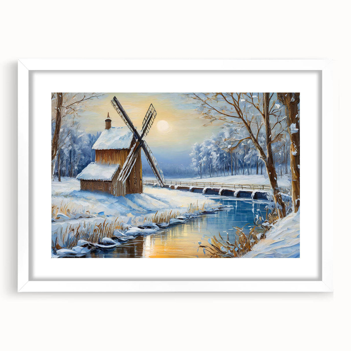 Framed wall art collection featuring serene landscapes and windmills, set in a white mat with a modern design, perfect for enhancing home decor.