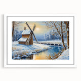 Framed wall art collection featuring serene landscapes and windmills, set in a white mat with a modern design, perfect for enhancing home decor.