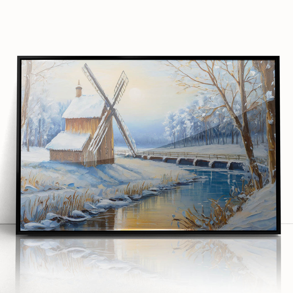 Framed wall art collection showcasing a vibrant landscape with windmills, featuring a black frame and acrylic finish, ideal for modern home decor.