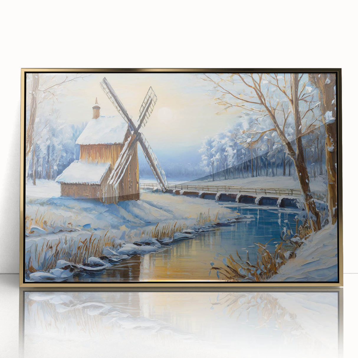 Framed acrylic wall art featuring a scenic landscape with windmills, showcasing vibrant colors and intricate details, perfect for modern home decor.
