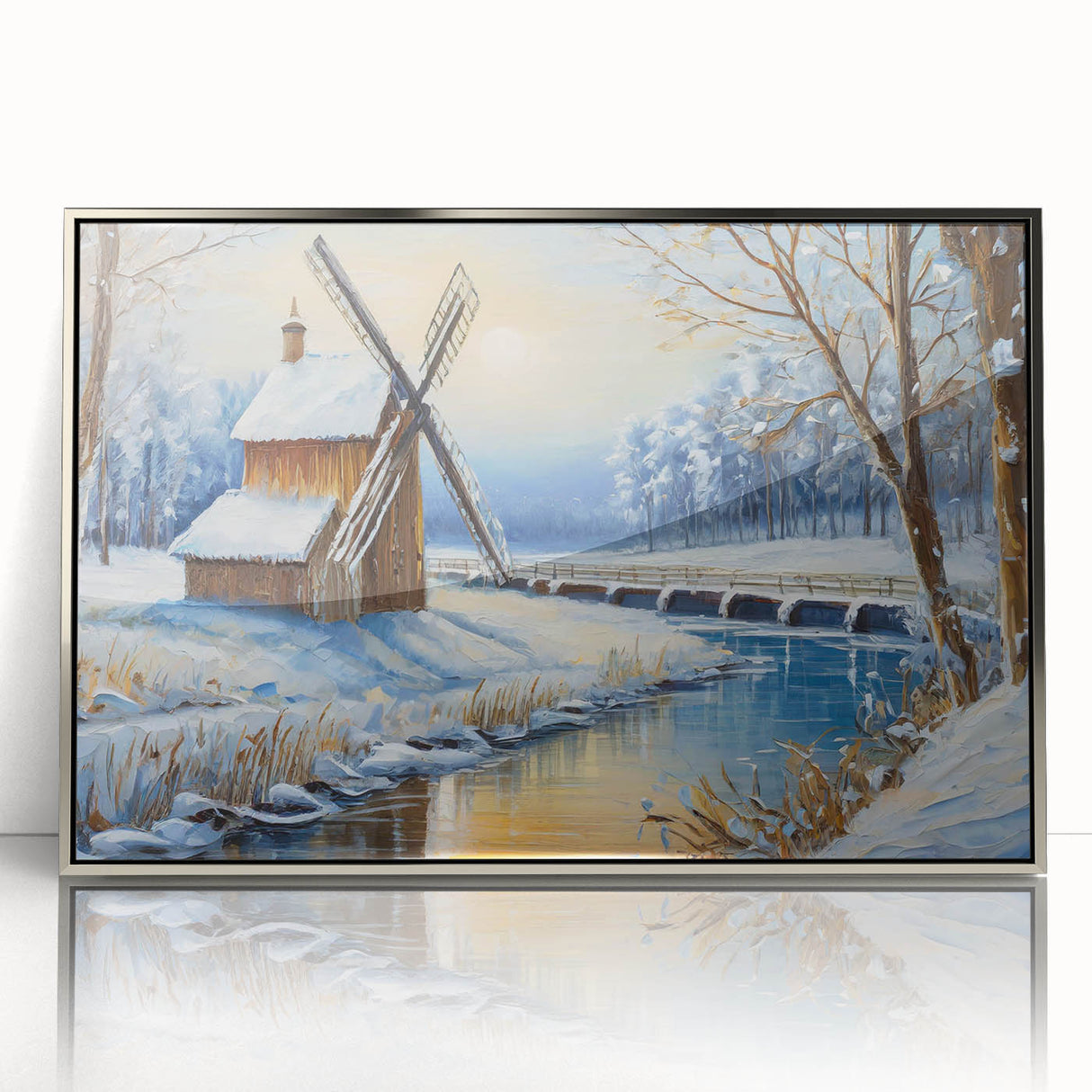 Framed wall art collection featuring a serene landscape with windmills, displayed in a sleek silver frame, perfect for enhancing home decor aesthetics. The art captures a tranquil scene with vibrant colors and intricate details, making it ideal for living spaces.
