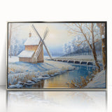 Framed wall art collection featuring a serene landscape with windmills, displayed in a sleek silver frame, perfect for enhancing home decor aesthetics. The art captures a tranquil scene with vibrant colors and intricate details, making it ideal for living spaces.