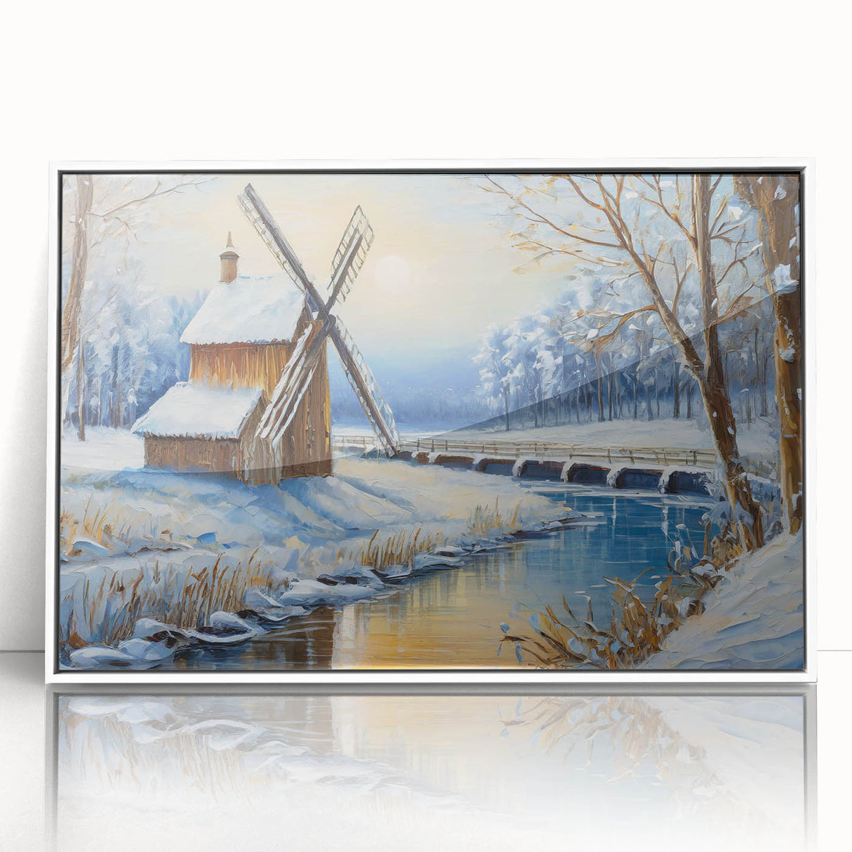 Framed wall art collection showcasing a serene landscape with windmills, presented in a sleek white frame. Ideal for modern home decor, adding a touch of tranquility.