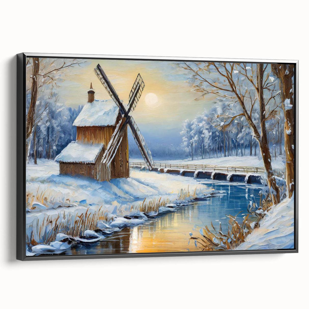 Framed canvas wall art showcasing a serene landscape with windmills, featuring a black frame and side view, perfect for home or office decor.