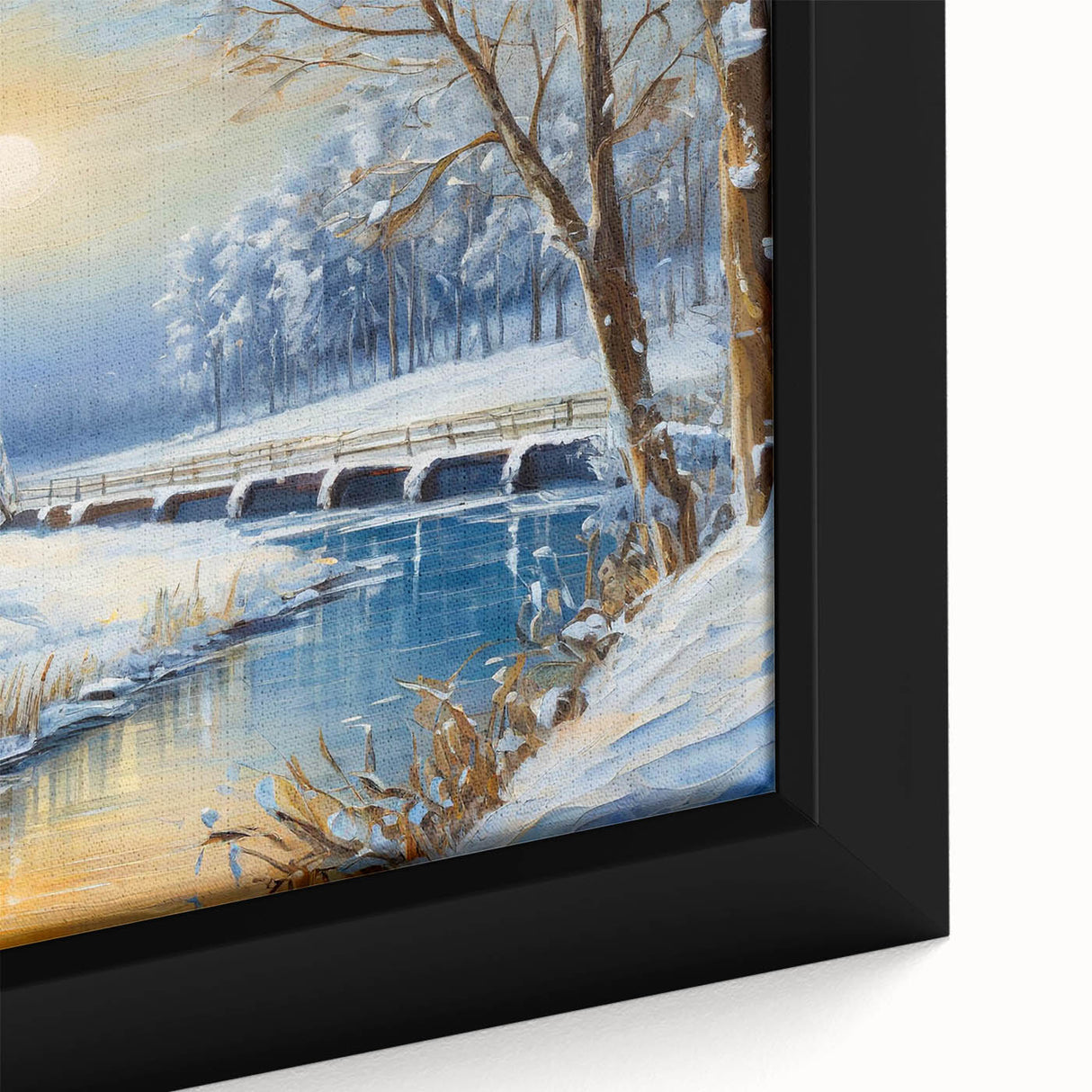 Close-up of a framed canvas wall art piece showcasing a serene landscape with windmills, featuring soft pastel colors and intricate details, perfect for home decor.