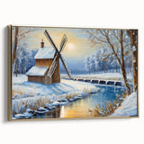 Framed canvas wall art showcasing a serene landscape with golden windmills against a vibrant sunset, perfect for enhancing home decor. This design adds elegance and tranquility to any space.