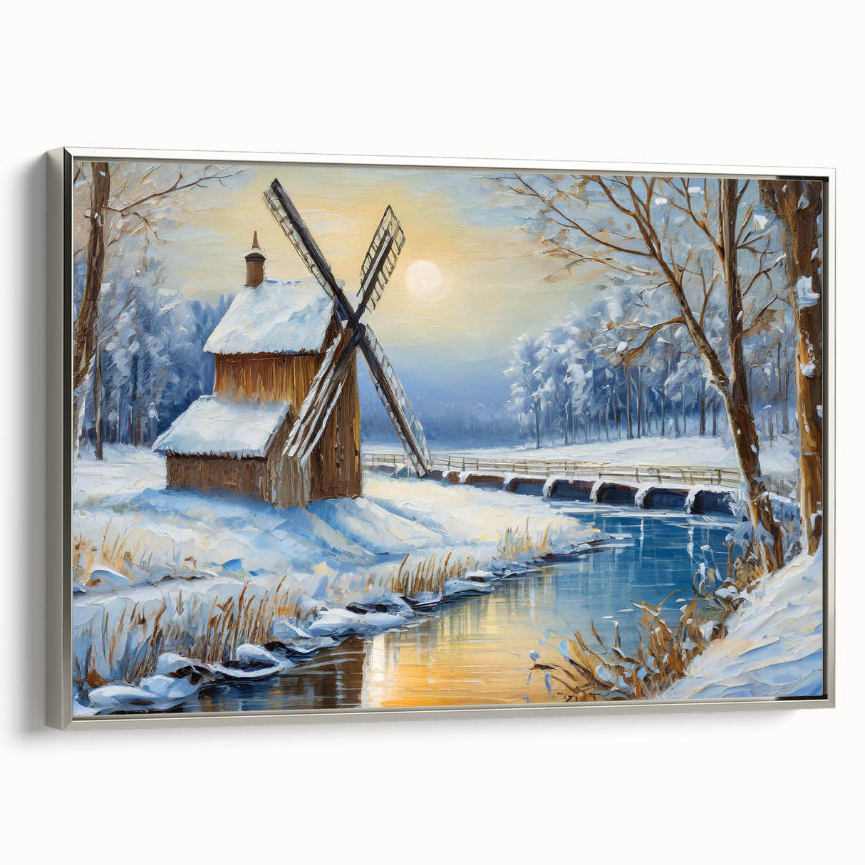 Framed canvas wall art depicting a serene landscape with windmills, featuring silver accents and a side view, perfect for enhancing home decor aesthetics.