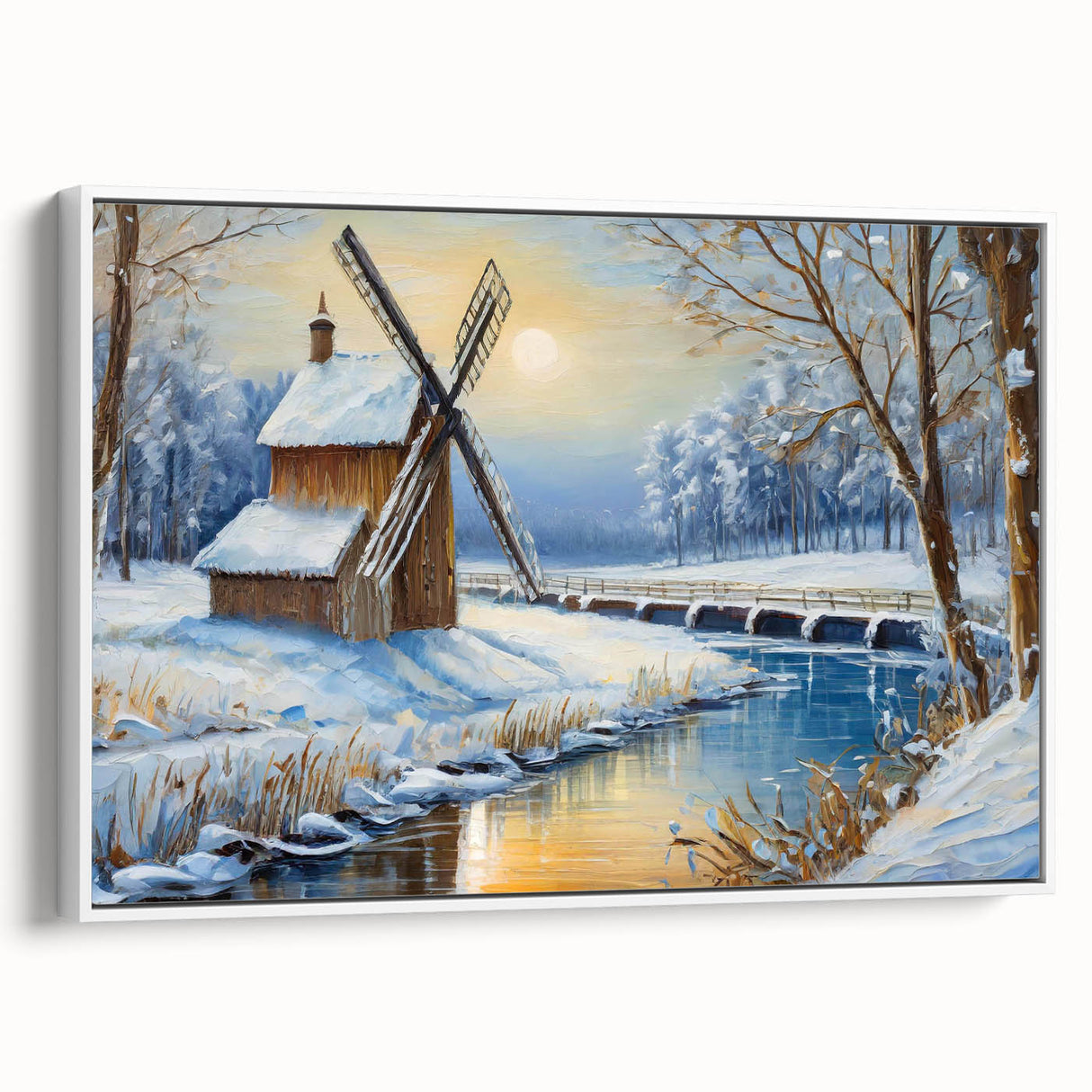 Framed canvas wall art showcasing a serene landscape with windmills against a soft blue sky, ideal for home decor or office aesthetics, enhancing any space's tranquility.