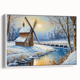 Framed canvas wall art showcasing a serene landscape with windmills against a soft blue sky, ideal for home decor or office aesthetics, enhancing any space's tranquility.
