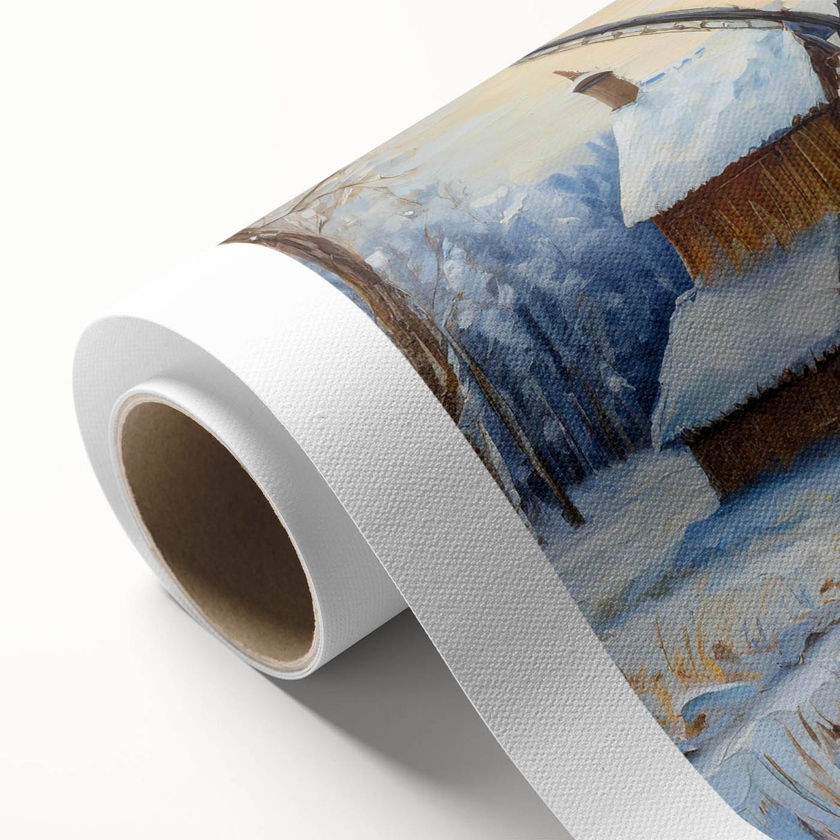 Rolled canvas showcasing a serene landscape with windmills against a vibrant sunset, ideal for home decor and art enthusiasts, packaged securely in a cardboard tube.