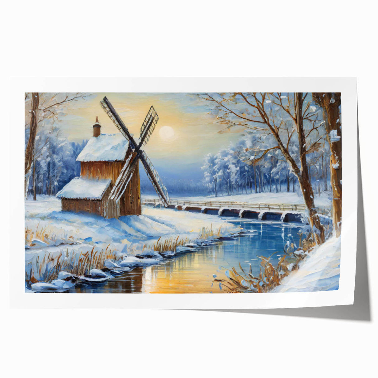 Colorful landscape wall art print depicting vibrant windmills under a bright blue sky, rolled and ready for framing, ideal for home decor enthusiasts.