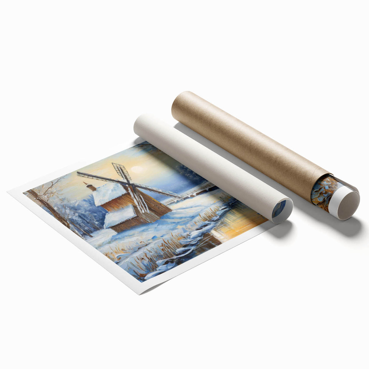 Landscape wall art print featuring vibrant windmills against a scenic backdrop, rolled for easy shipping and showcasing intricate colors and details. Perfect for home decor.