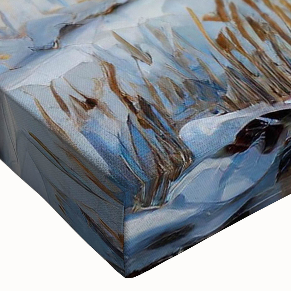 Close-up of a vibrant stretched canvas artwork depicting serene landscapes with windmills, showcasing intricate details and rich colors, ideal for home decor.