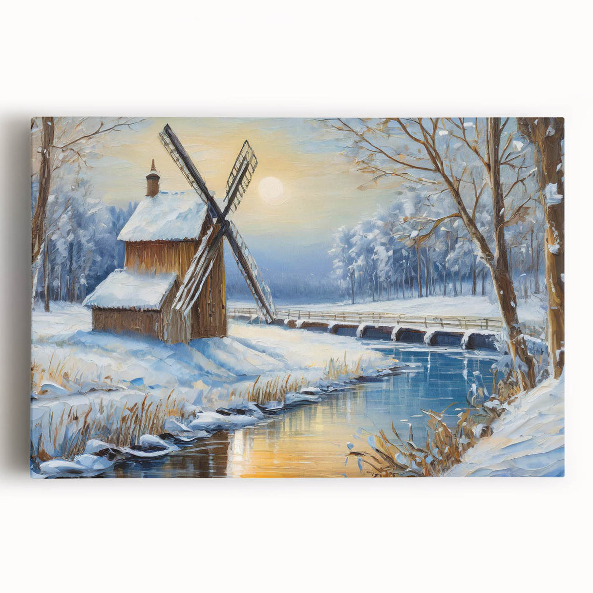 Stretched canvas wall art showcasing a serene landscape with windmills against a vibrant sunset, perfect for home decor or office ambiance.