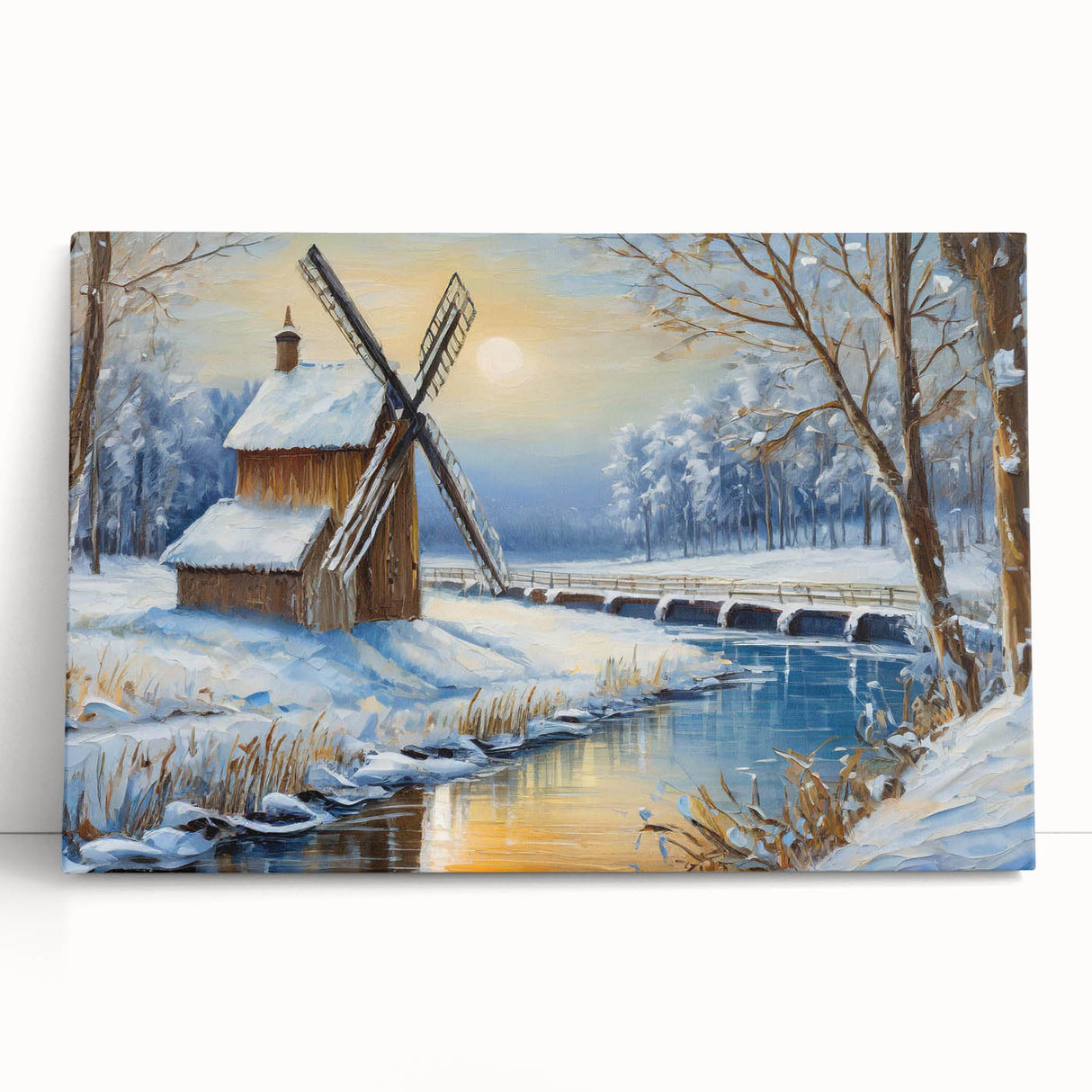 Stretched canvas wall art showcasing a serene landscape with windmills, featuring soft pastel colors and a tranquil ambiance, ideal for home decor.