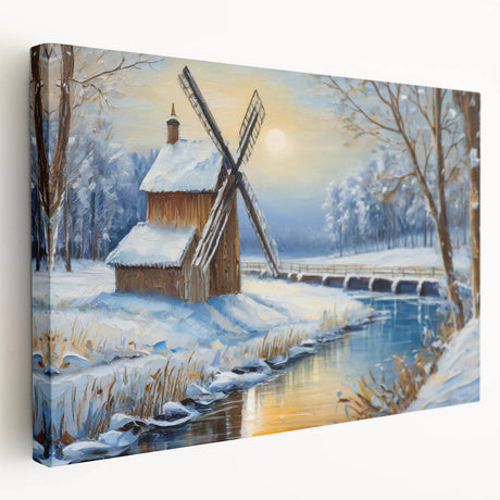 Stretched canvas wall art showcasing a serene landscape with windmills under a blue sky, designed to enhance home decor with a tranquil vibe.
