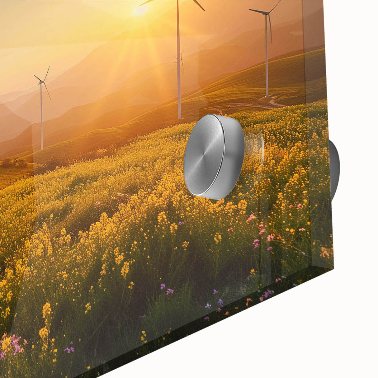 Close-up of a vibrant acrylic glass wall art piece showcasing a serene landscape with windmills under a bright blue sky, perfect for home decor.