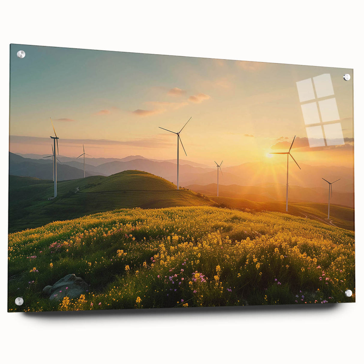 Acrylic glass wall art featuring a side view of colorful windmill landscapes, showcasing vibrant colors and intricate details, ideal for home decor.