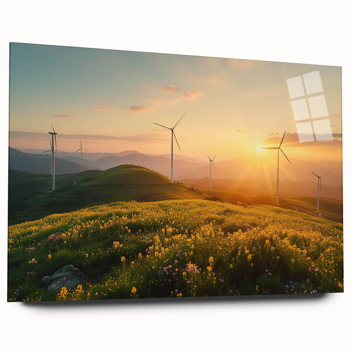 Acrylic glass wall art design showcasing a vibrant landscape featuring windmills and rolling hills, viewed from the side without pins, ideal for contemporary decor.