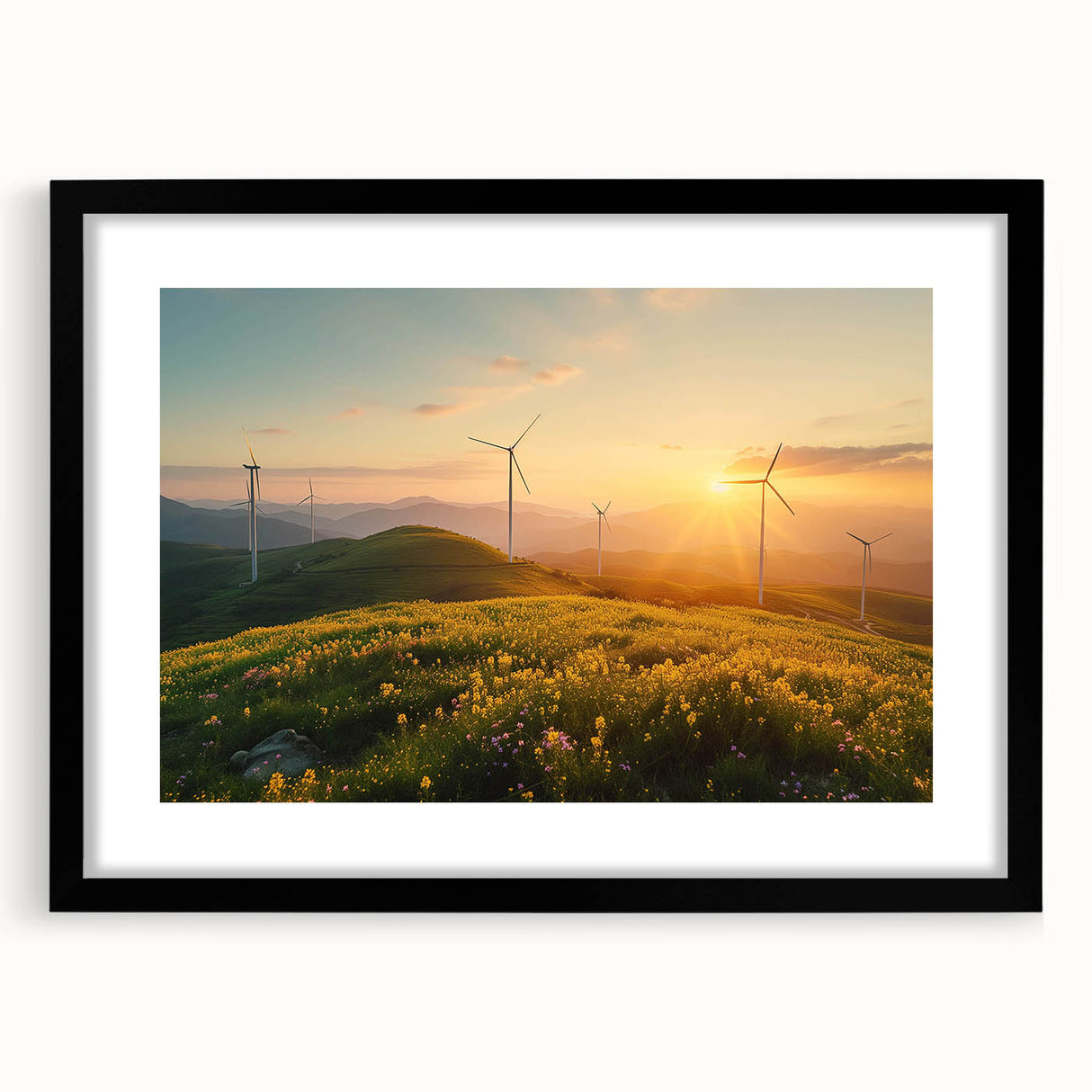 Framed wall art featuring a serene landscape with windmills, presented in a sleek black frame with a white mat, perfect for enhancing home decor and adding a touch of tranquility.