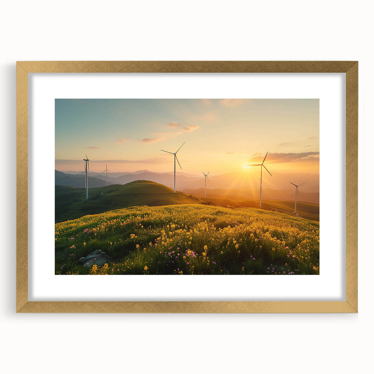 Elegant wall art featuring a landscape with windmills, framed in gold with a mat, showcasing a serene countryside scene perfect for home decor. Ideal for those seeking a touch of rustic charm.