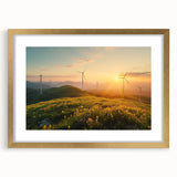 Elegant wall art featuring a landscape with windmills, framed in gold with a mat, showcasing a serene countryside scene perfect for home decor. Ideal for those seeking a touch of rustic charm.